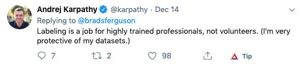 Labeling is a job for highly trained professionals. Andrej Karpathy (Head of AI at Tesla)