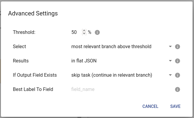 The advanced settings of a branch selector, enabling to skip a task of a flow.