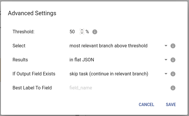 The advanced settings of a branch selector, enabling to skip a task of a flow.