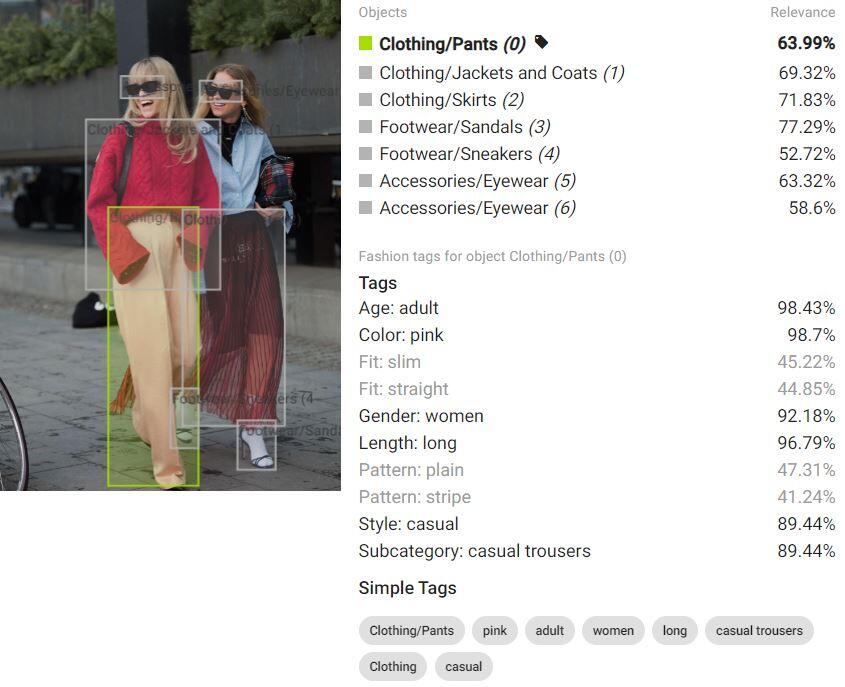 Example of Fashion Tagging combined with Object Detection in Ximilar App