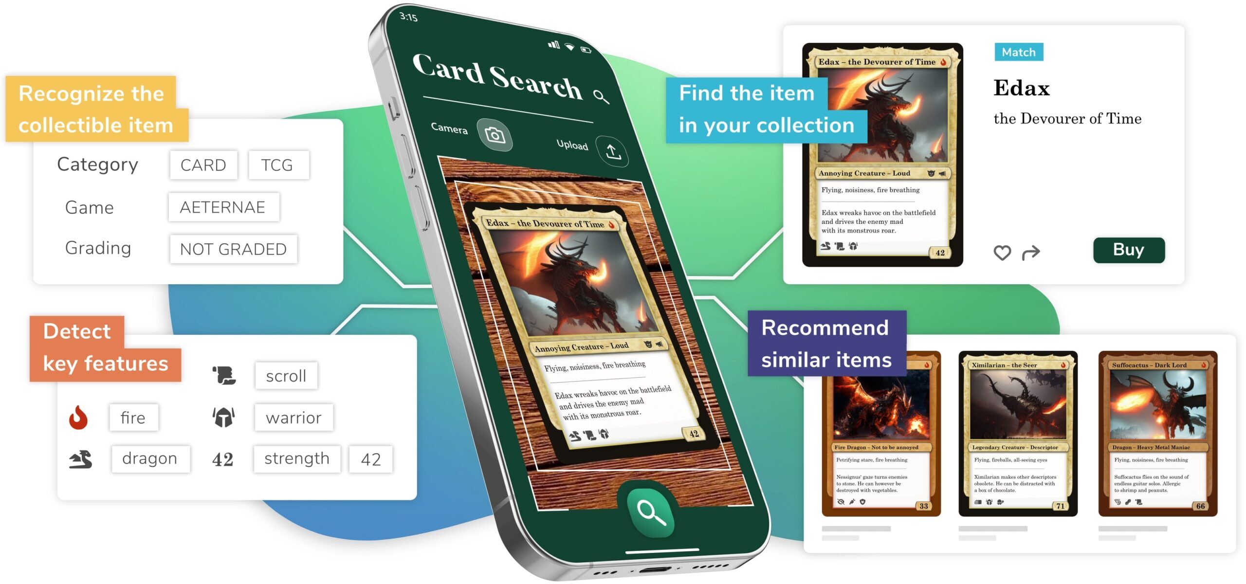 Object detection, attribute recognition and visual search of collectible trading card.