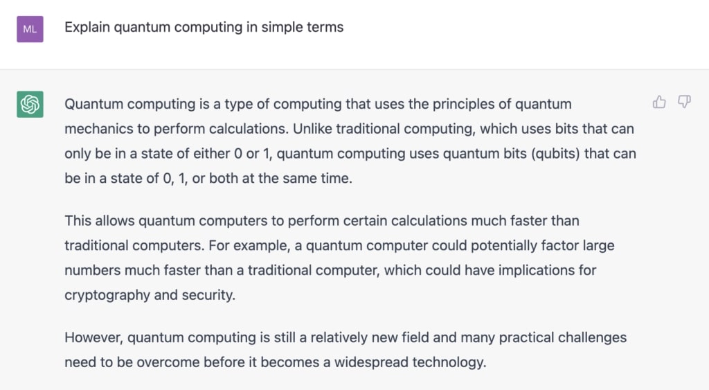 ChatGPT model explaining quantum computing. [source: OpenAI]
