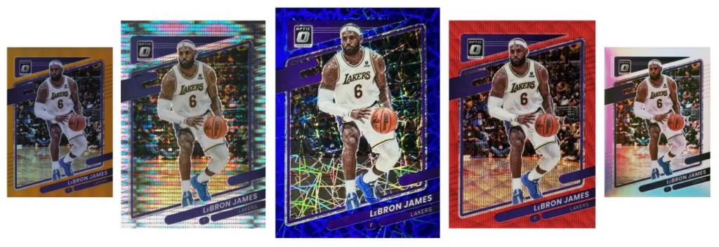 LeBron James 2021 Donruss Optic #41 card in several variations of different parallels and colors.
