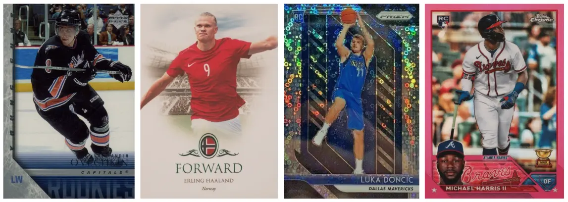 Example of Upper Deck, Futera, Panini Prizm and Topps Chrome cards.