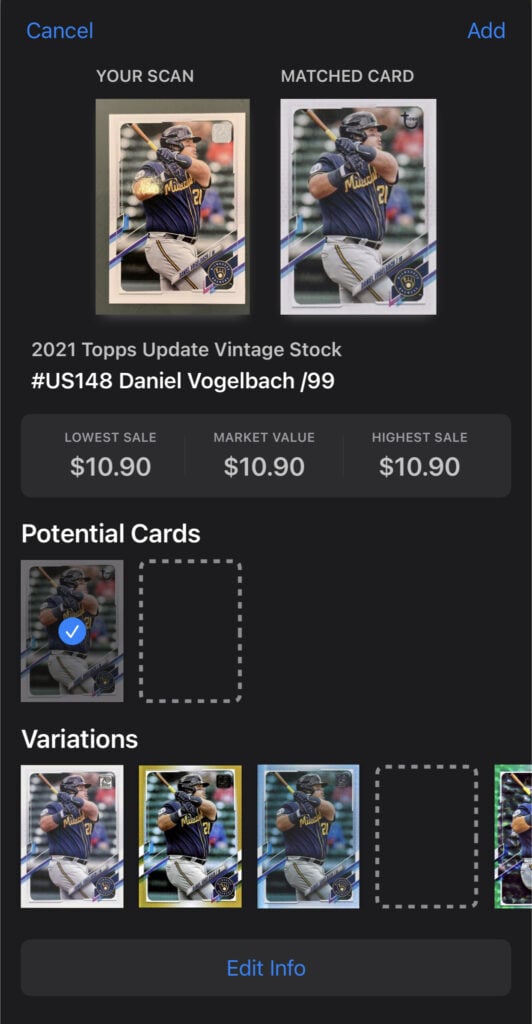 Sports card recognition app from Cardstock enables you to scan your card and match it with their database. You approve the identification or select the right match in the variations.