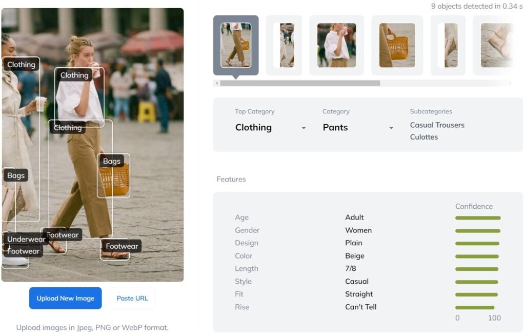 Automated fashion tagging relies on neural networks and deep learning techniques. The product attributes are only assigned with a certain level of confidence, highlighted in green in our demo.