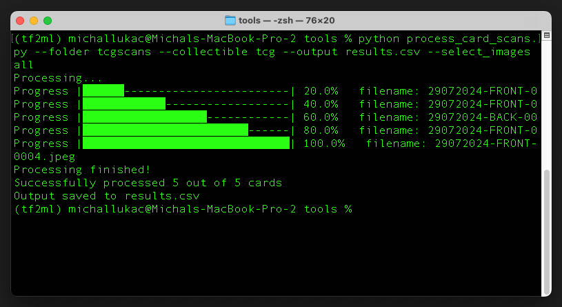 Executing the script on trading card scan recognition.