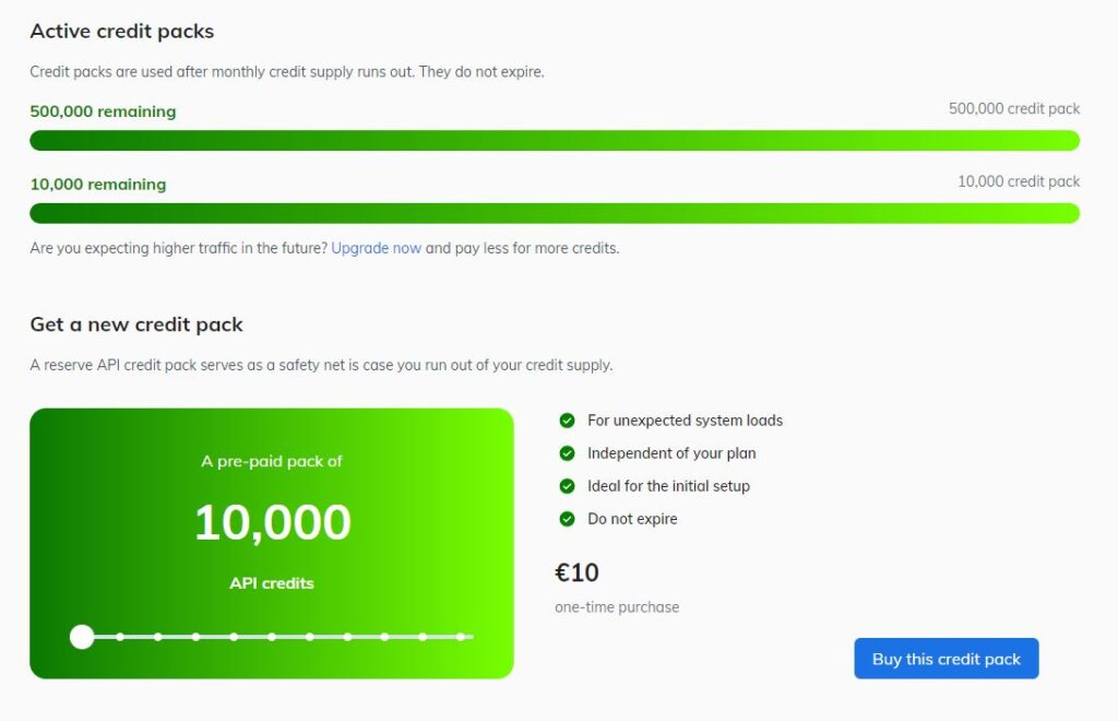API Credit packs page in Ximilar App.