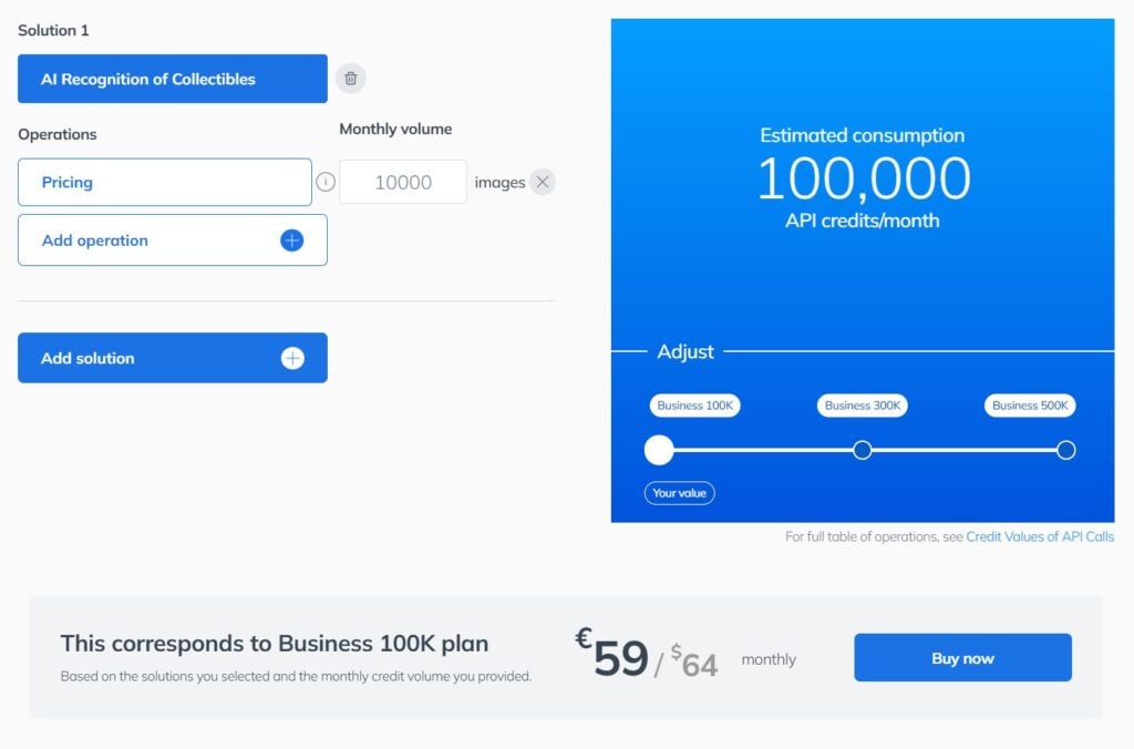 Using credit consumption calculator in Ximilar App to set up user plan.