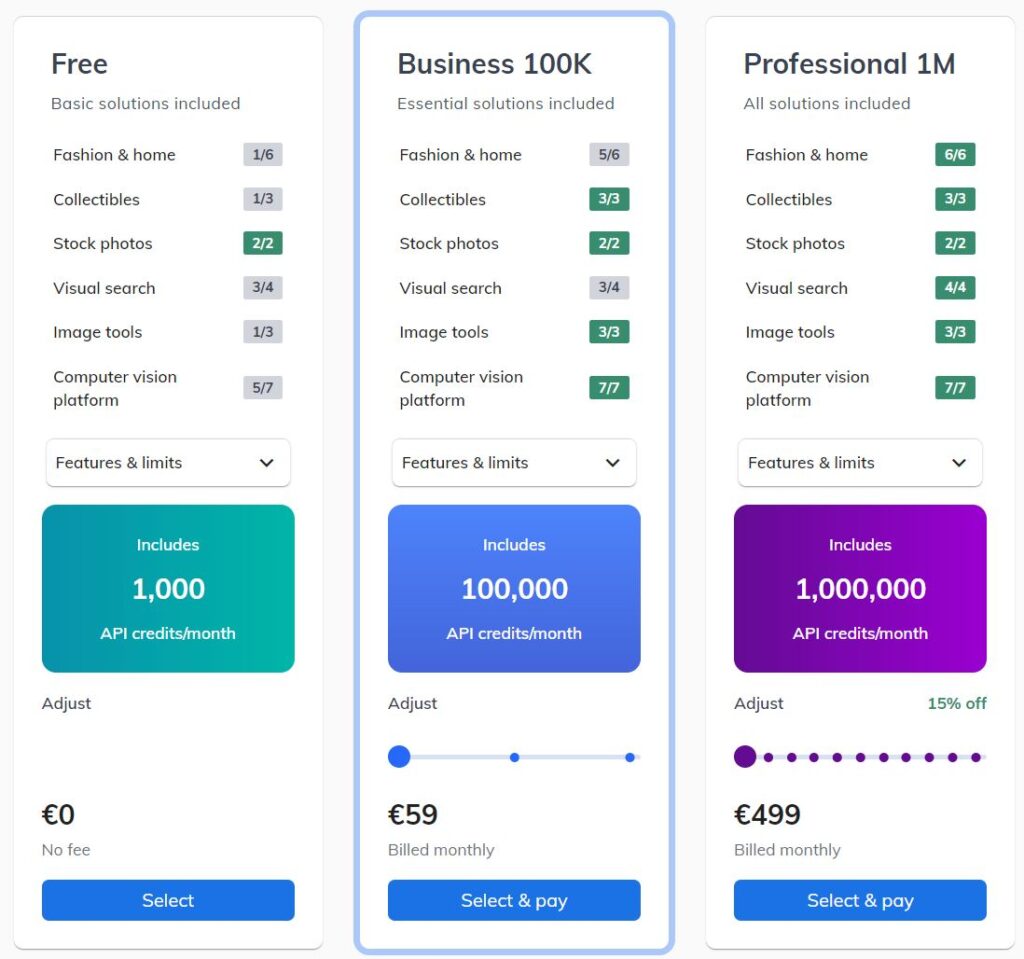 In Plan setup, you can compare subscription plans, including their solutions, features, limits, and monthly credit volume, before proceeding to checkout.