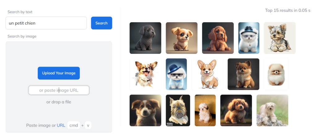 Testing multilingual text to image search on a text search query in French.