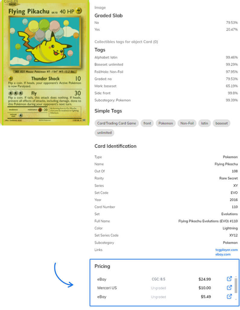 Testing AI identification of Pokémon TCG card with price retrieval in Ximilar App.