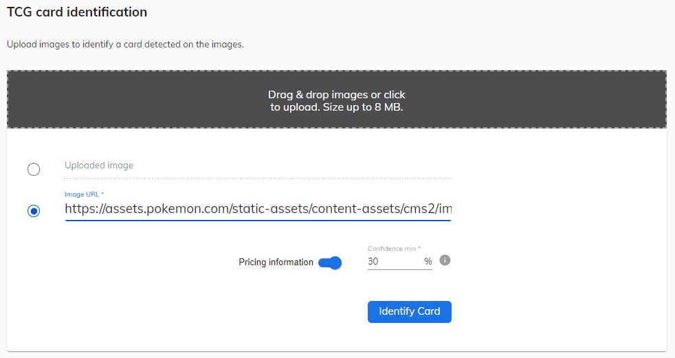 Using card pricing API via Ximilar App: All Ximilar services can be tested through forms, allowing you to drag and drop images, upload them, or provide their URL.