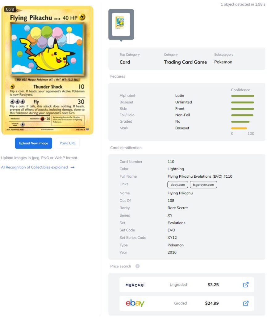 Ximilar interactive demo provides detailed identification of collectible items, including card pricing API. For Pokémon TCG, it provides categorization, basic information on the card language, surface, grading and mark, as well as detailed attributes like card number, name, publisher, set with code, year, type, and many more.