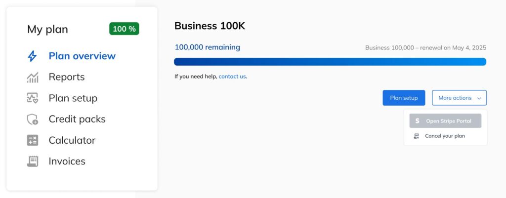The Plan overview page displays my account status with a progress bar showing remaining API credits. My monthly supply renews every month on my subscription date.