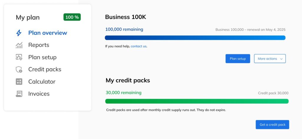 Your can see your active credit packs under your monthly credit supply bar. Credit packs serve as safety nets the case of unexpected traffic. Unlike the monthly supply, they do not expire.