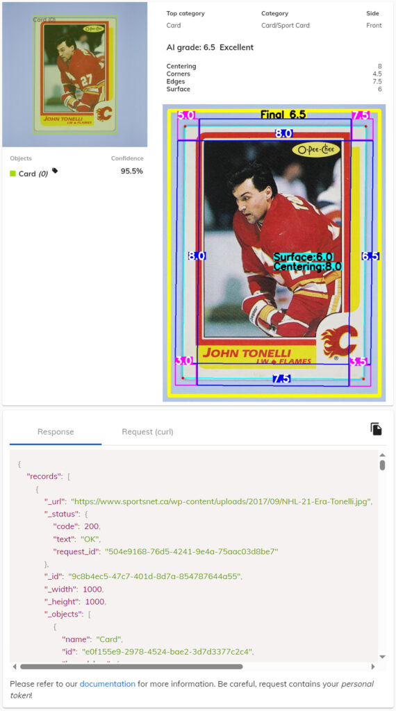 When testing the AI Card Grader in the Ximilar App, your full API request and response are displayed below the results. This includes your personal token, image URL, and detailed grading data.