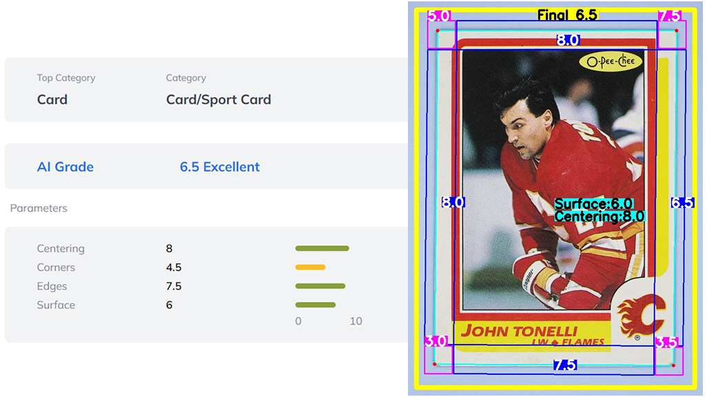 AI Card Grading in Action: After uploading an image of an NHL card to the Ximilar demo, I received its category, an overall AI-generated grade, a detailed breakdown of scores, and a visual overlay highlighting grading aspects.