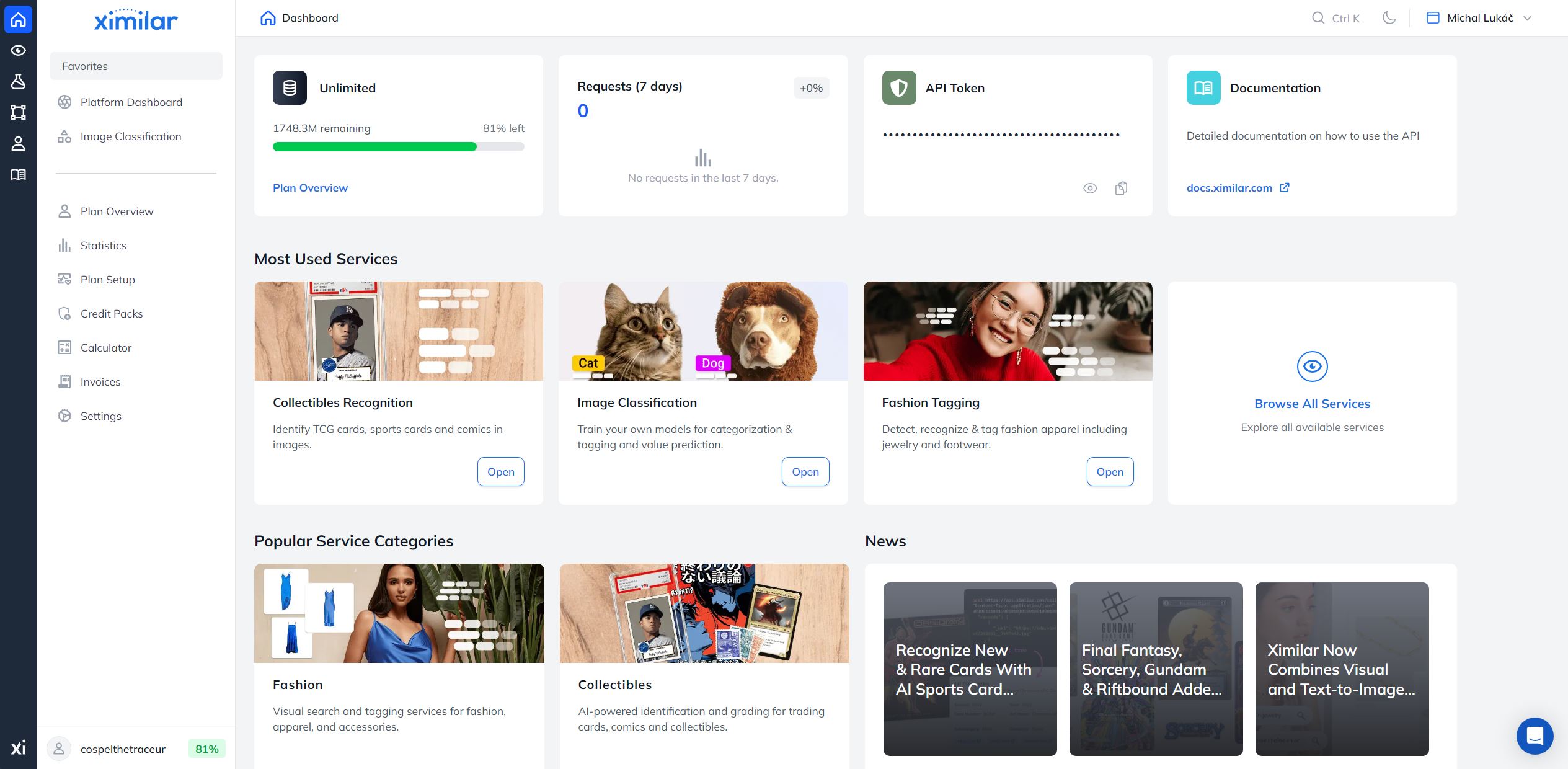 Ximilar App dashboard showing credit usage, API token, documentation link, services, popular groups, weekly traffic insights, and quick actions.