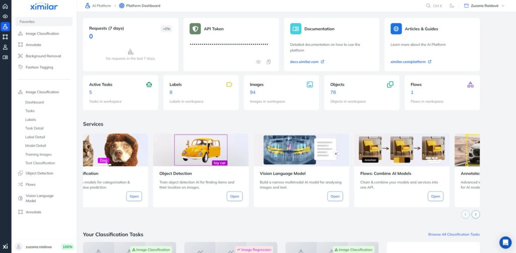 Platform Dashboard in Ximilar App shows recent requests, API token, documentation and video guides, platform cards with stats for tasks, labels, images, objects, and flows, and a unified view of classification and detection tasks.