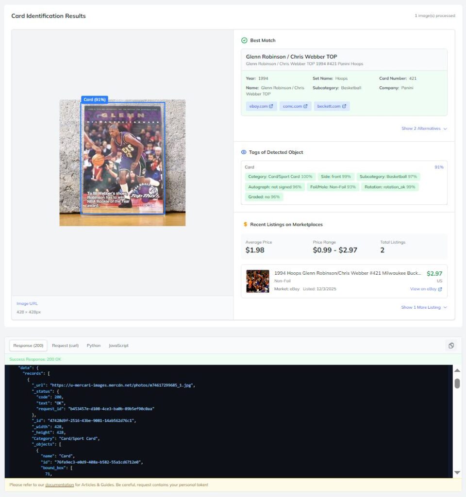 The sports card identification testing form in the Ximilar App shows full identification of the Glenn Robinson Panini card, together with a pricing overview.