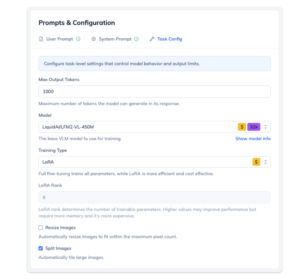 Task configuration at Ximilar platform - select the model and training type.
