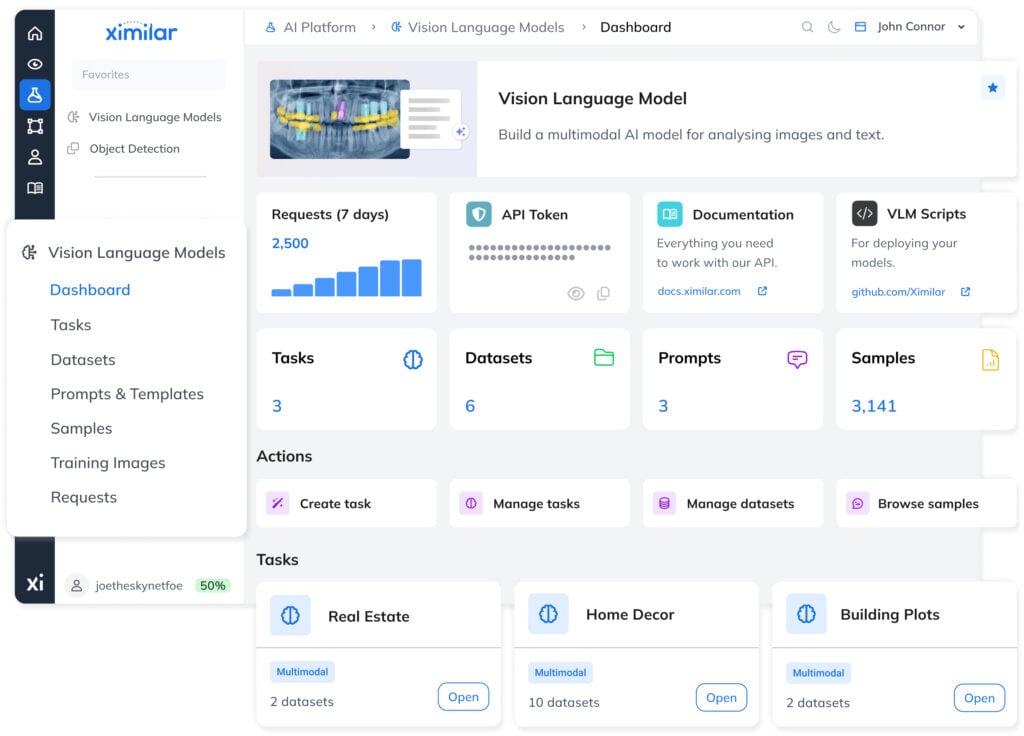 Vision Language Model platform dashboard in Ximilar App.