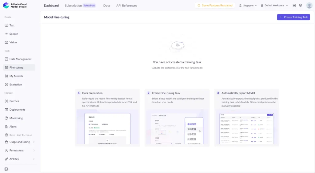 Alibaba Cloud Model Studio – prepare your data, create a task and export the model