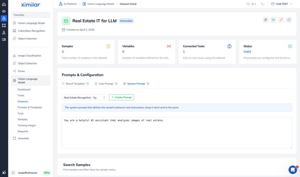 Dataset detail in&nbsp;Ximilar App featuring an&nbsp;overview of&nbsp;samples, variables, connected tasks, status, prompts &&nbsp;configuration.