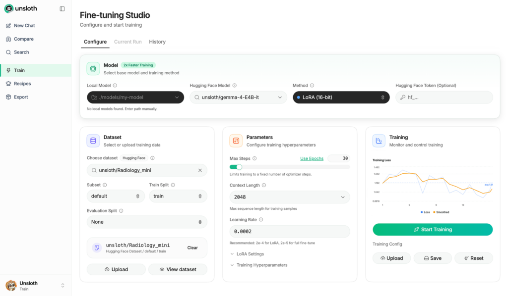 A web version of Unsloth Studio for finetuning LLM models on your local machine.