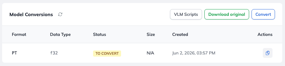 Model conversions section allows you to&nbsp;prepare your fine-tuned models for offline use.