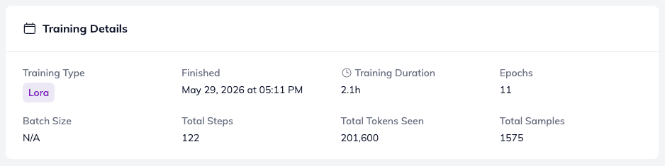 Training details: training type, finishing time, training duration, number of&nbsp;epochs, batch size, total steps, total tokens seen, and total samples.