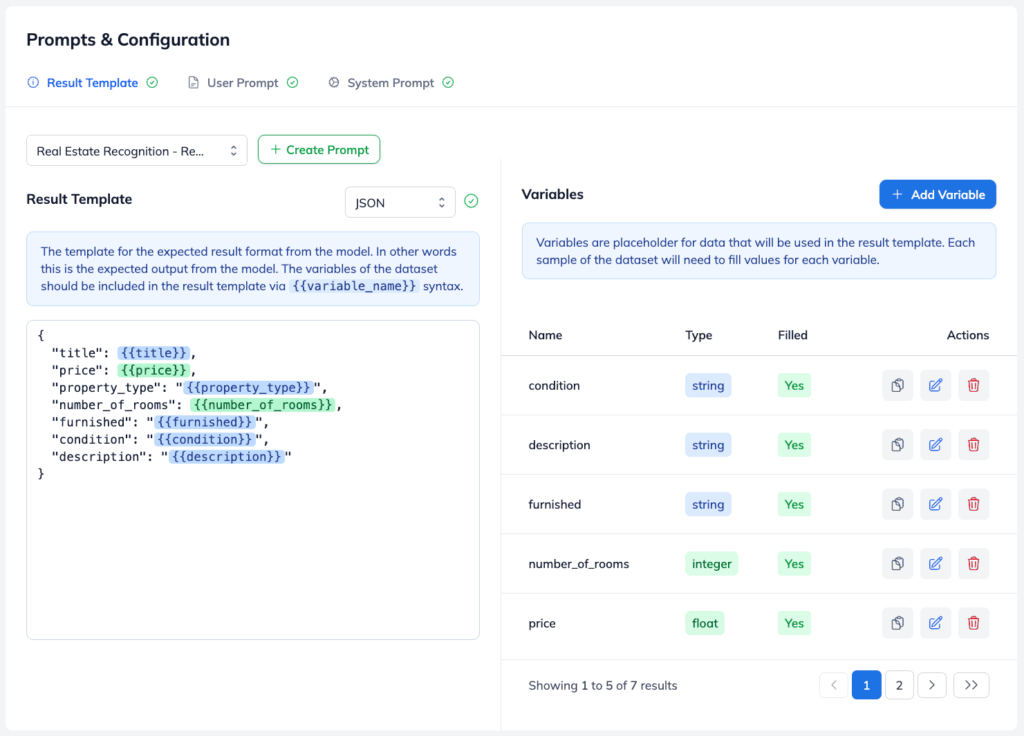 Prompts &&nbsp;configuration of&nbsp;a&nbsp;dataset at&nbsp;Ximilar Vision Language Model platform. The Result Template names all variables in&nbsp;a&nbsp;structured format.