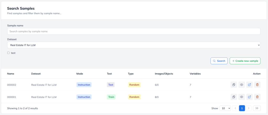You can search samples in&nbsp;your dataset view, review their Mode, Test/Train status, Type, number of&nbsp;Images and Objects, and filled Variables.