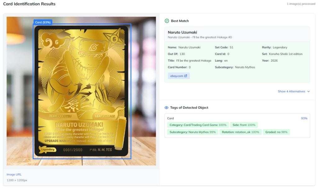 Testing Ximilar's TCG ID on the Naruto Mythos Legendary Gold card – recognized as Naruto Uzumaki with 93% confidence, full set and rarity data returned instantly.