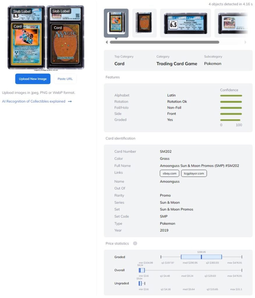This is how Ximilar's TCG ID analyzed an image containing a Pokémon card and a Magic: The Gathering card, each inside its own slab label. Both cards were recognized individually, with pricing data provided for their ungraded and graded variants.