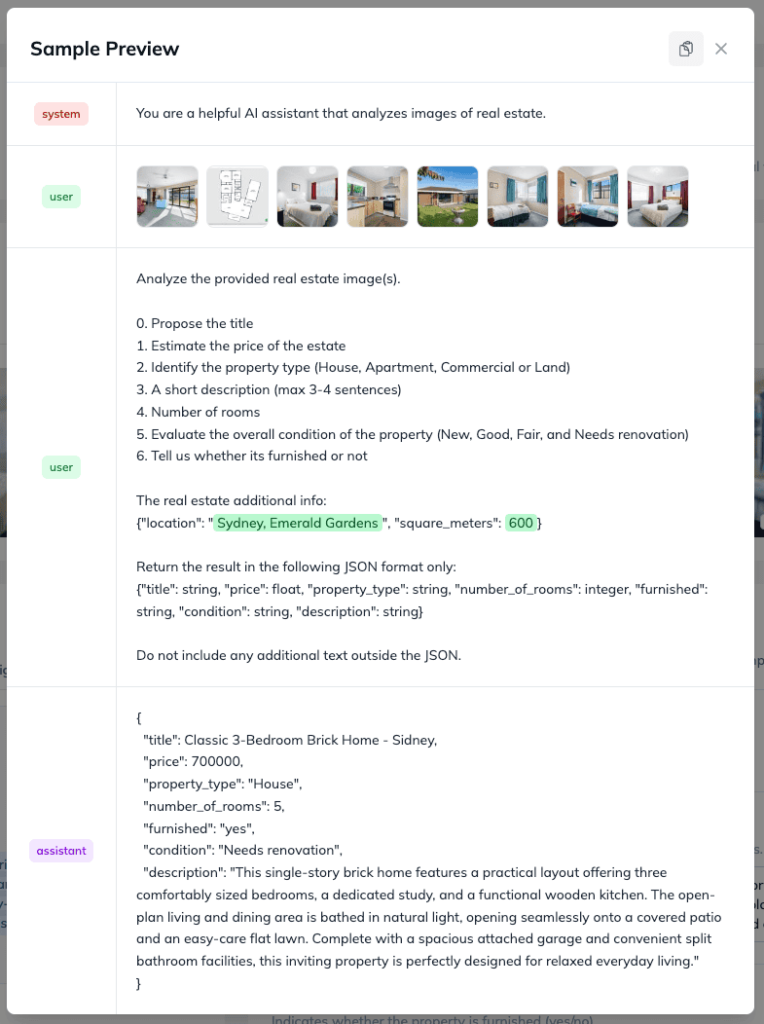 Sample Preview showing the full instruction-response pair: the system &&nbsp;user prompt along with images and filled-in values, and the target Assistant response the model should learn to&nbsp;produce.