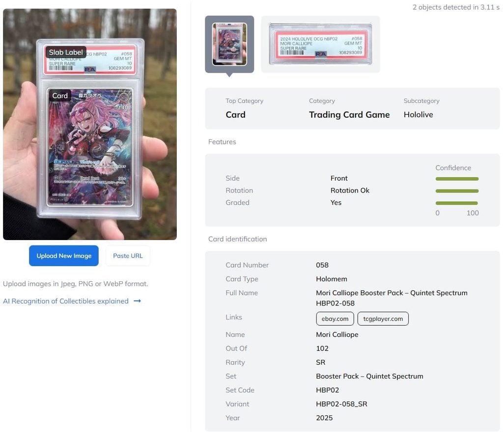 Ximilar's Card ID system in action: it identifies the card and its slab, and provides full identification, as well as links to relevant marketplaces.