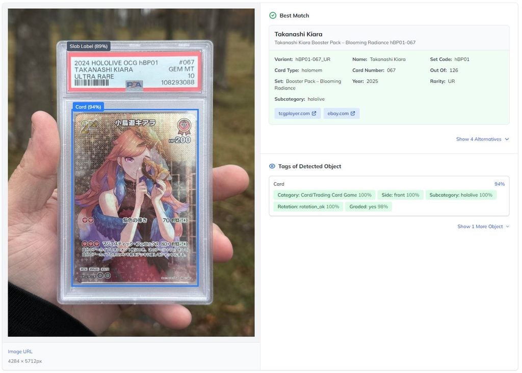 Testing Ximilar's TCG ID on a graded Takanashi Kiara card via the test form in the Ximilar App.