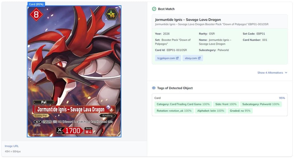パルワールドのカードについて、最も一致度の高い結果とそのフィールドを表示するXimilar Appのカード識別結果。