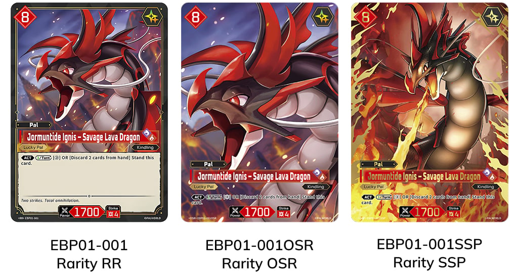 3種類の仕様のJormuntide Ignis – Savage Lava Dragon:EBP01-001 RR、EBP01-001OSR、EBP01-001SSP。(Source: palworldpals.com)
