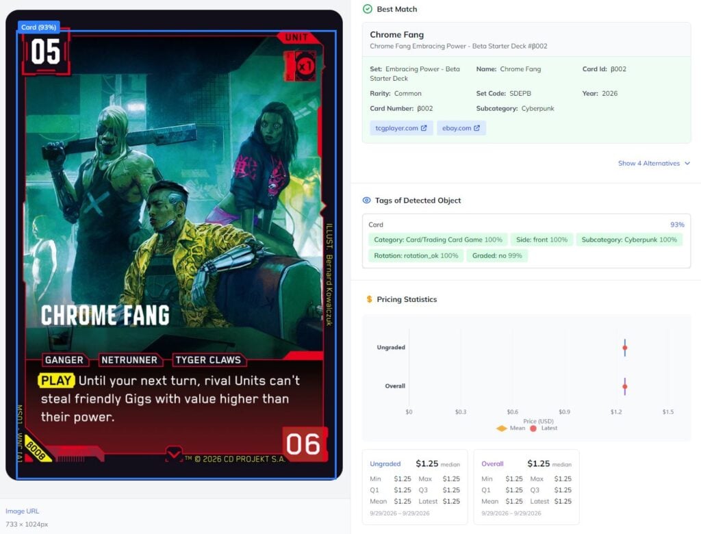 Testing Cyberpunk TCG card recognition in the Ximilar App.