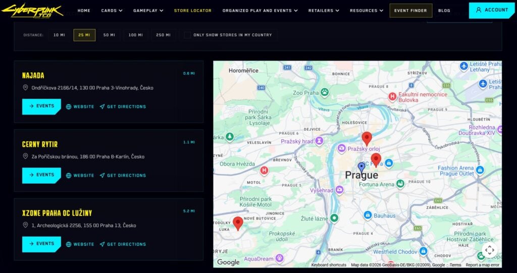 Cyberpunk TCG official store locator (Source: cyberpunktcg.com/stores)
