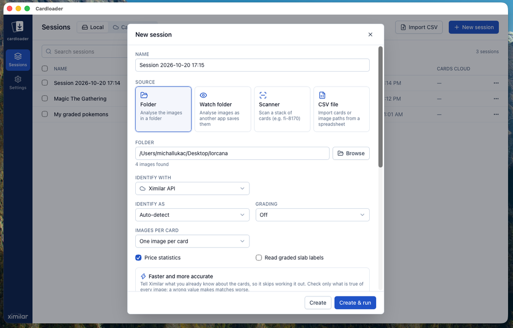 Trading card scanner software Cardloader: New session dialog with folder, watch folder, scanner and CSV sources