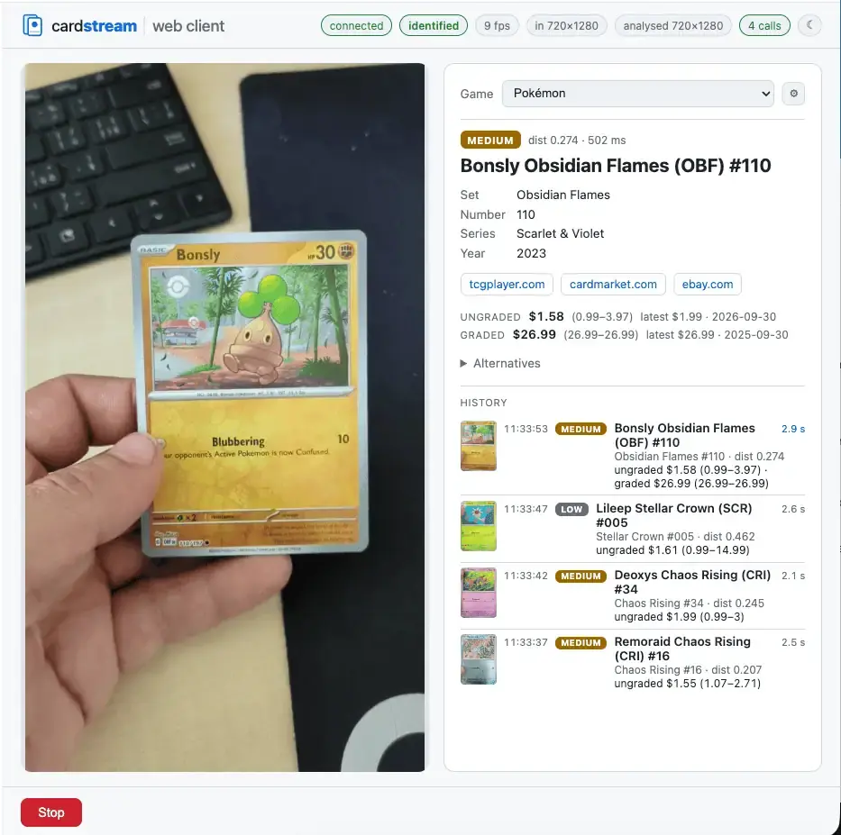 Cardstreamはカードがライブ配信に映った瞬間にそれを認識し、すべての識別結果を履歴ログに保存するため、後から活用することができます。