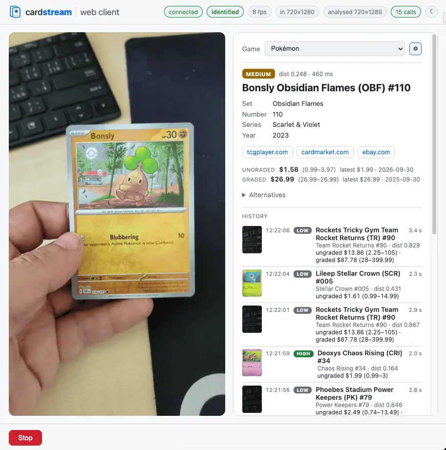 Cardstream recognizes the card the moment it enters the live stream and saves every identification to a history log, so you can work with them later.
