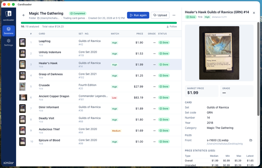 Cardloader trading card scanner software identifying Magic: The Gathering cards with prices