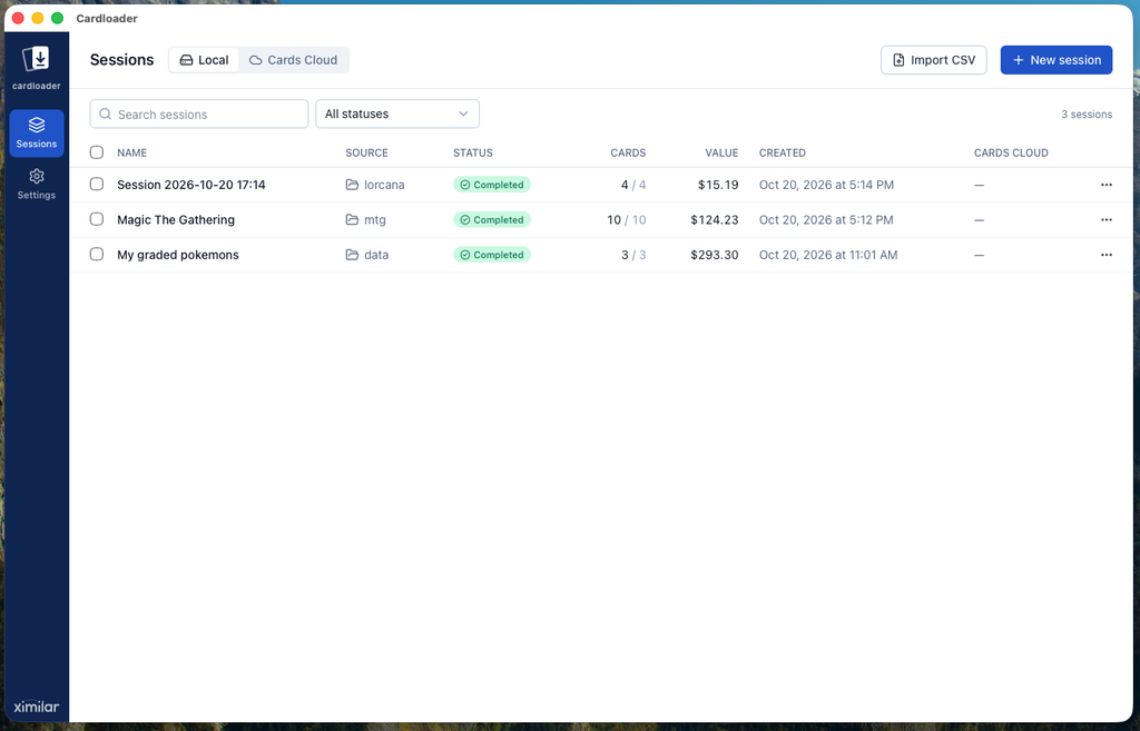 List of saved Cardloader sessions