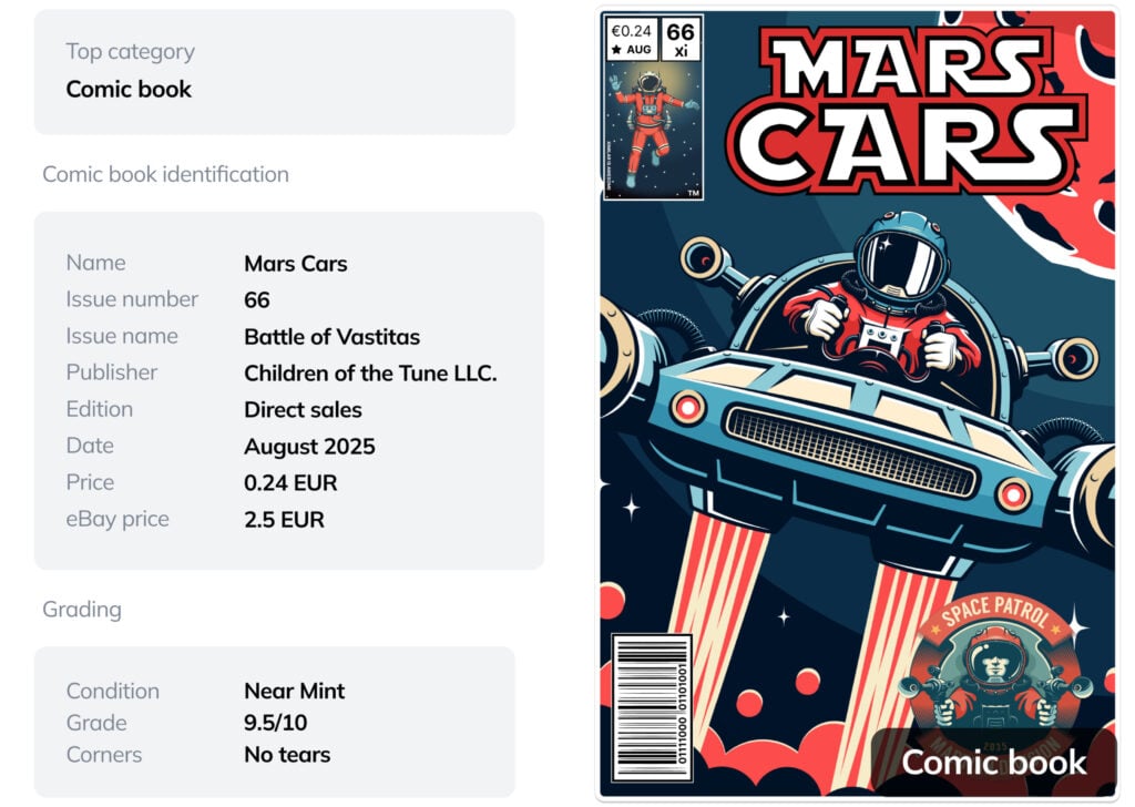Enrich your whole image collection with metadata extracted with Ximilar AI: the comics’ name, issue number, name, and date, publisher, edition (recognized from barcode), price on the issue and in the marketplace.