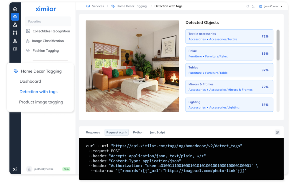 Set up&nbsp;your visual AI solutions in&nbsp;Ximilar App, get your API token and connect in&nbsp;a&nbsp;matter of&nbsp;minutes. Integration with your website or&nbsp;app is&nbsp;seamless and fast via REST API.